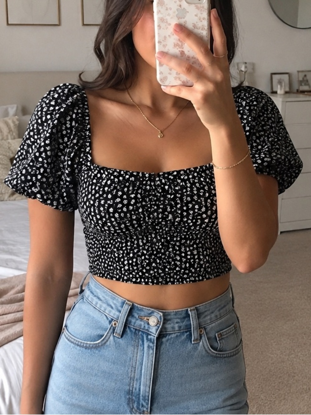 Black Floral Puff Sleeve Crop Top